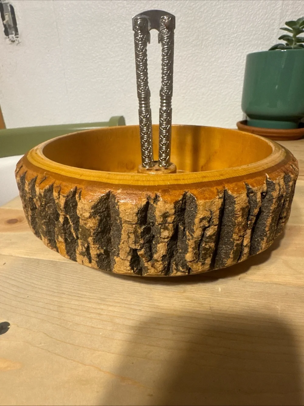vintage mid-century modern rustic tree bark wood nut bowl Set